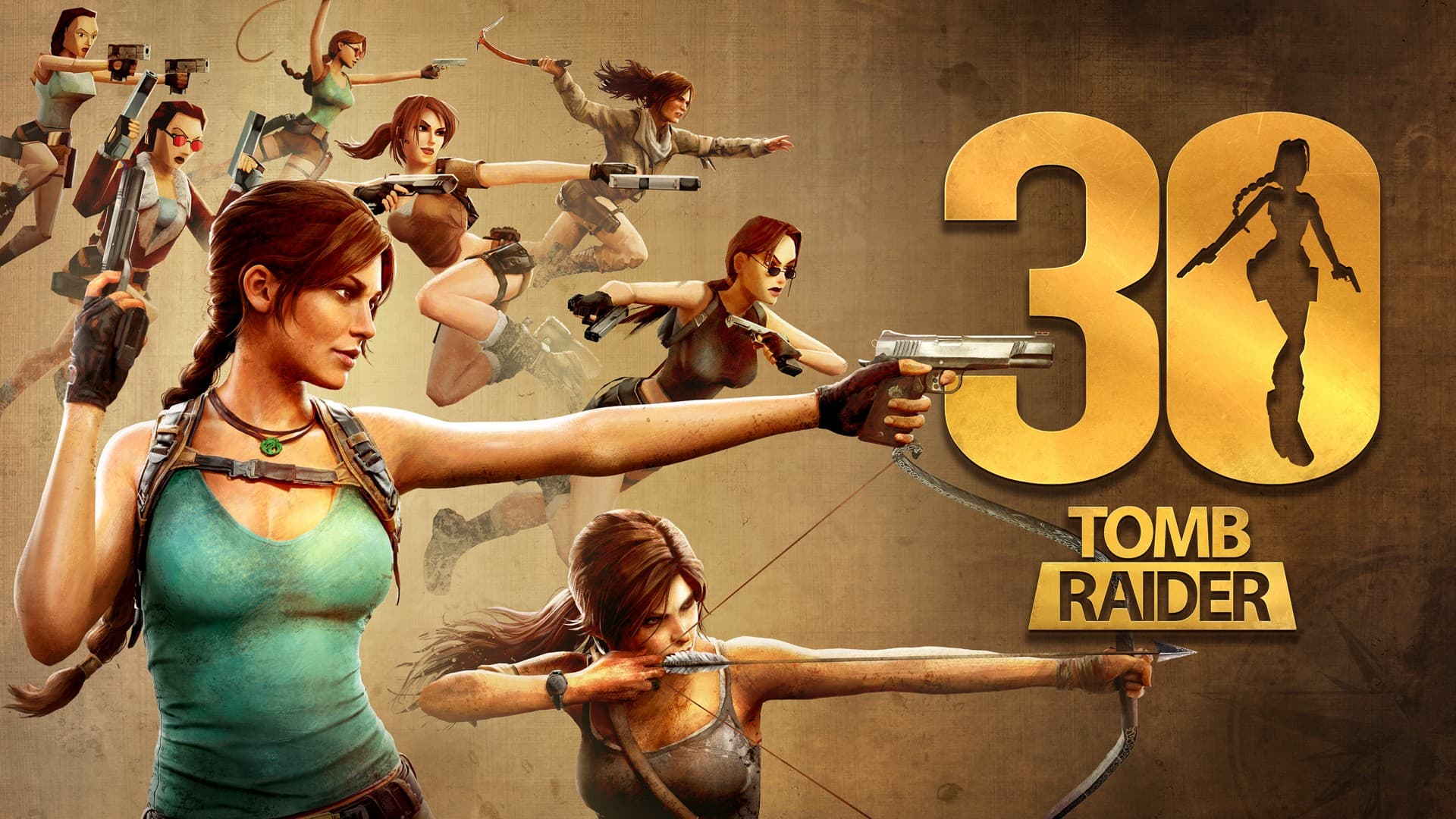 Arte oficial dos 30 anos de Tomb Raider com Lara Croft em várias fases da série