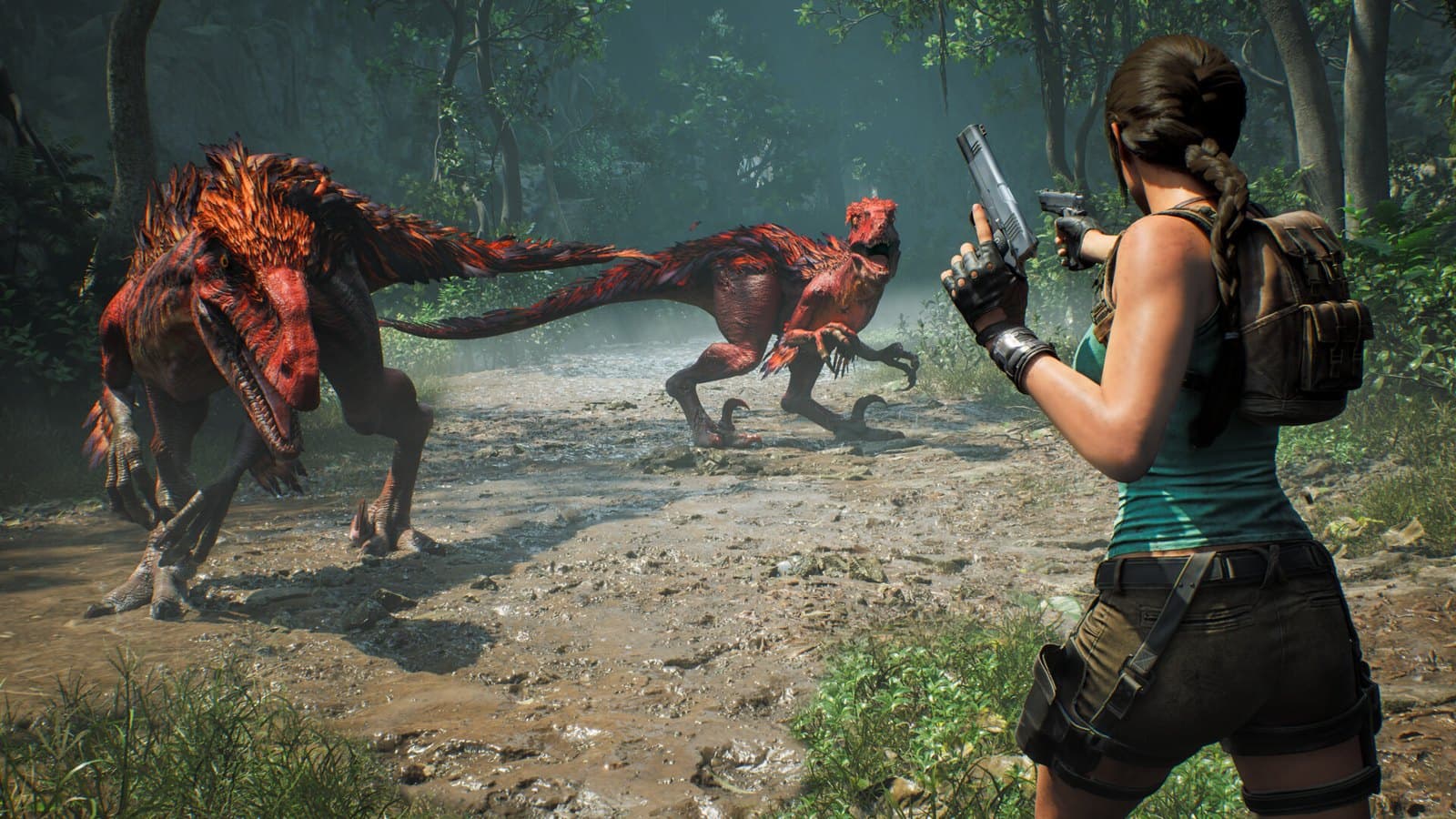 Lara enfrenta raptores na selva em Tomb Raider: Legacy of Atlantis.