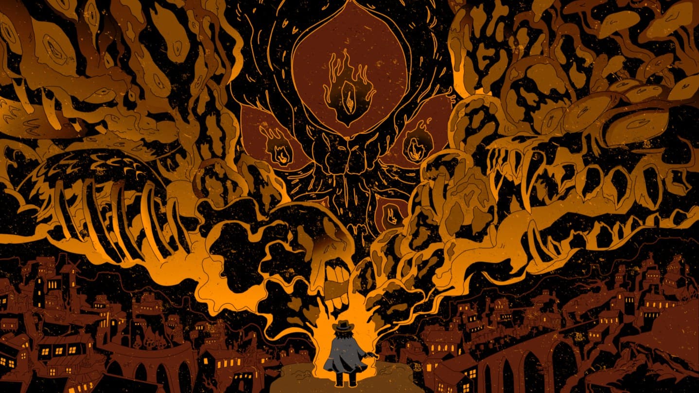 Arte oficial de Tombwater com o pistoleiro diante de uma cidade em chamas e uma criatura gigante