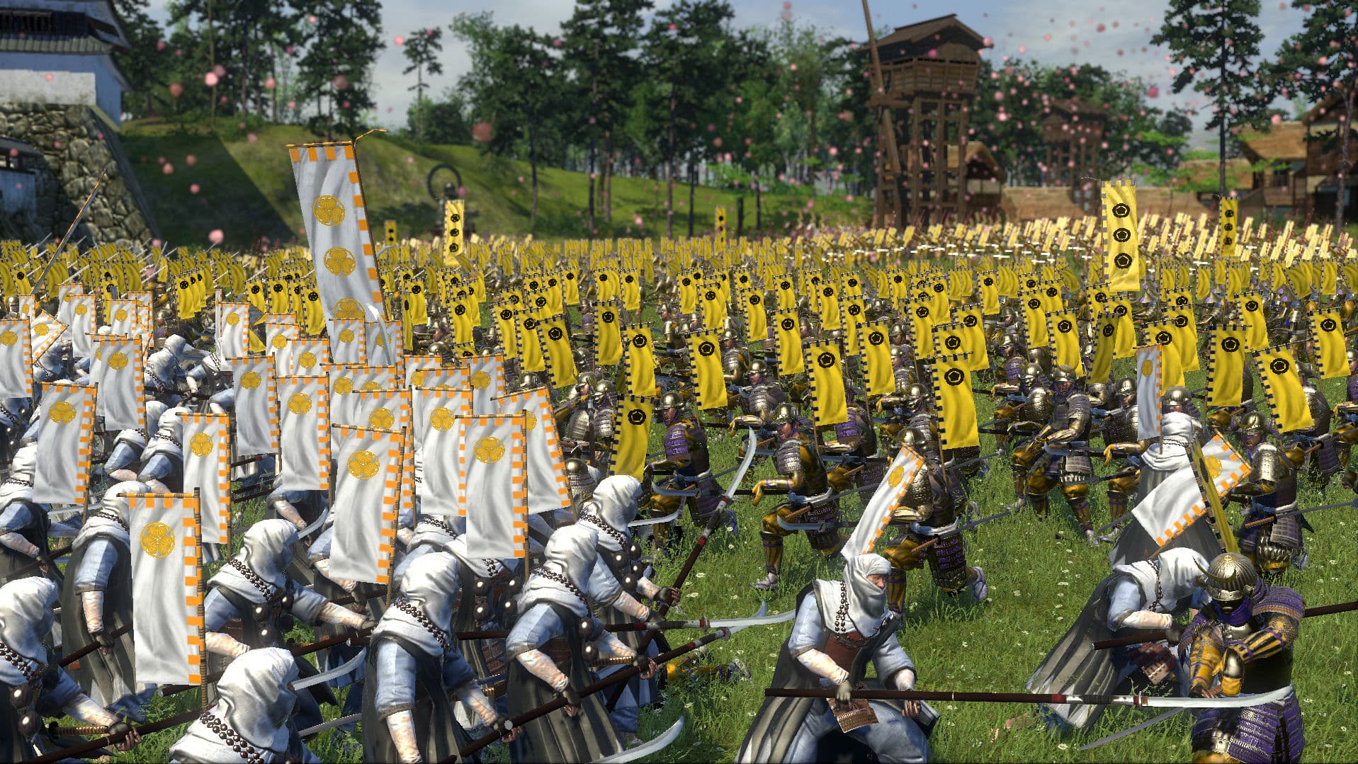 Exército samurai com estandartes amarelos em batalha de Total War: Shogun 2
