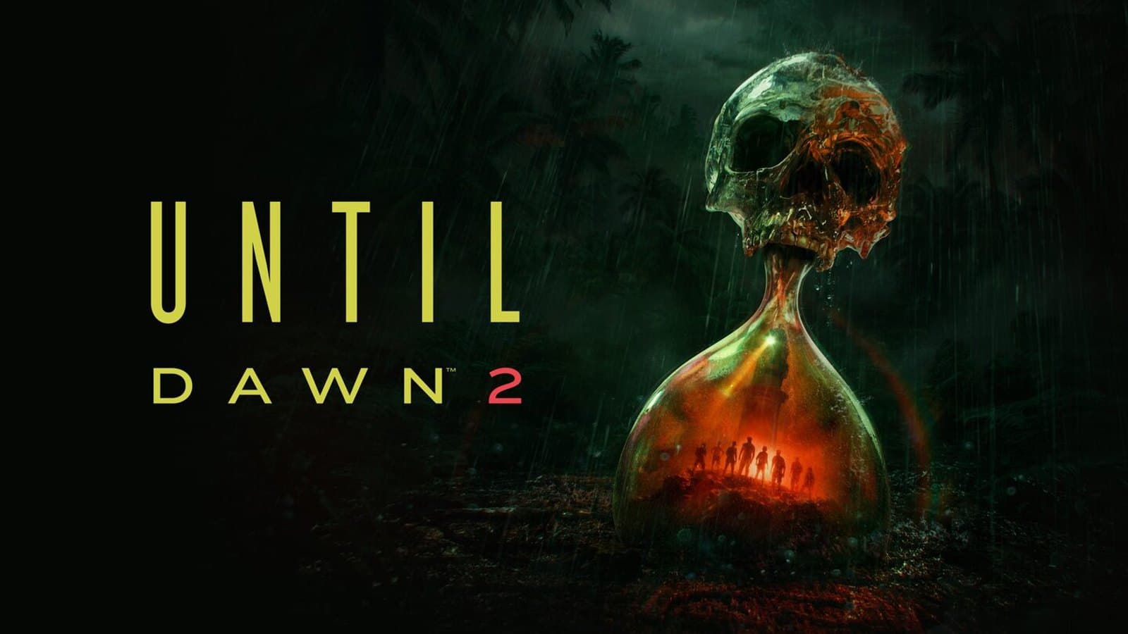 Arte oficial de Until Dawn 2: uma ampulheta em forma de caveira com silhuetas de pessoas presas dentro, numa floresta tropical sob chuva
