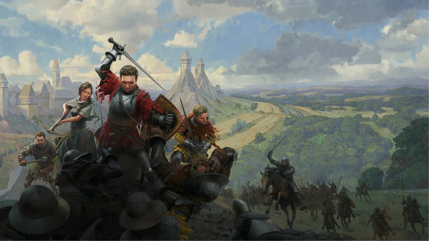 Arte oficial de Kingdom Come: Deliverance 2 com Henry erguendo a espada no campo de batalha