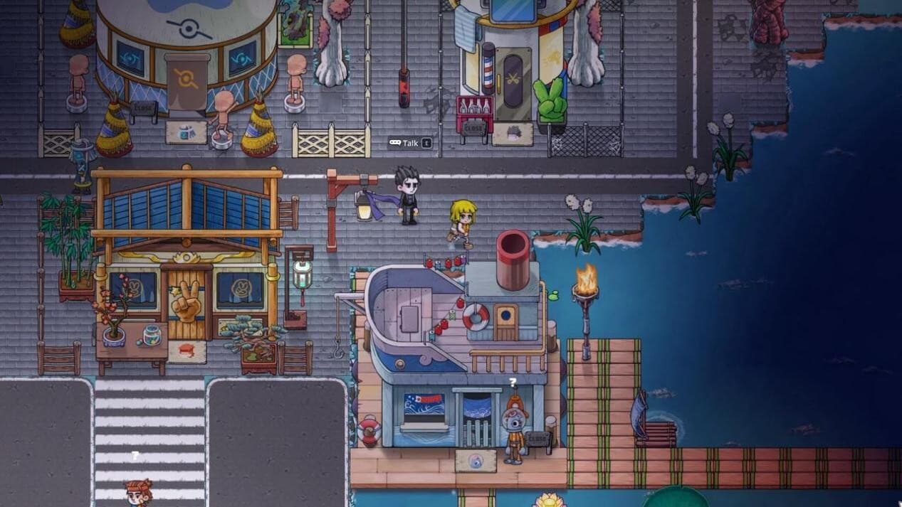 Cidade portuária de Wonderia em visão de cima, com lojas, um barco convertido em casa e personagens na rua