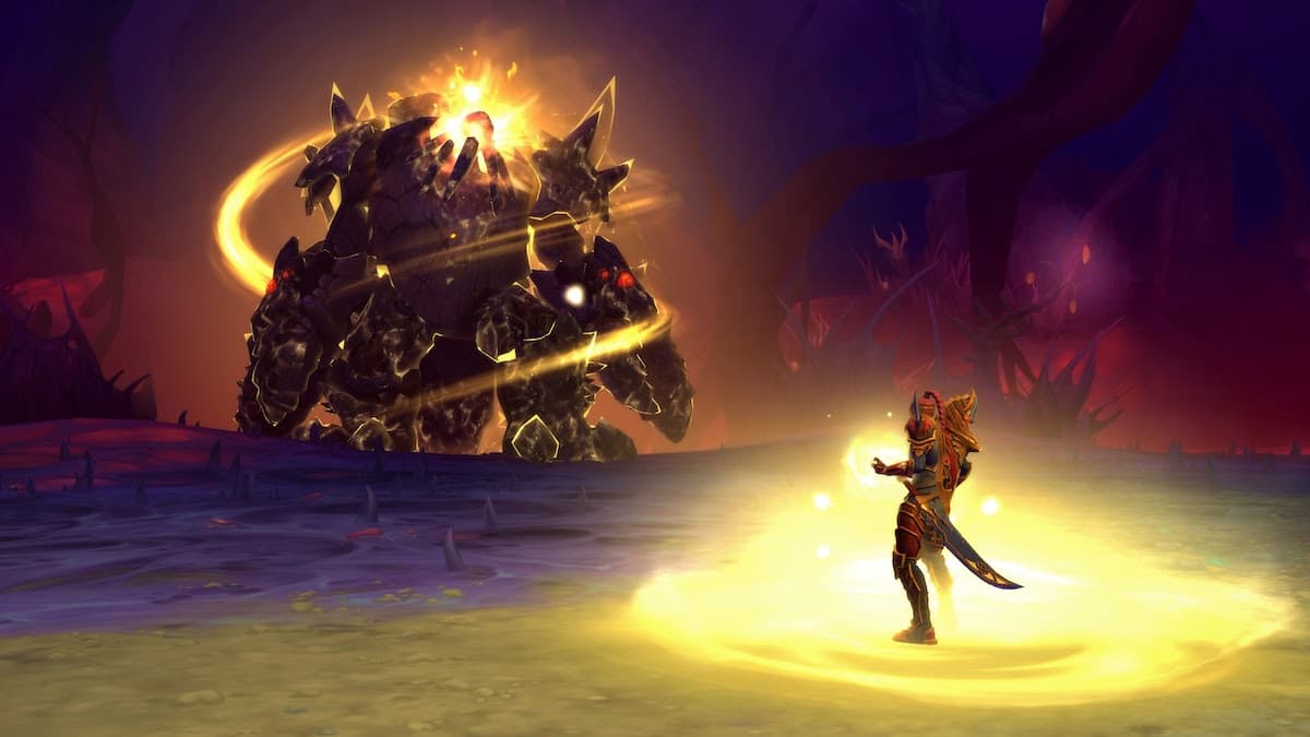 Personagem de World of Warcraft enfrenta criatura colossal iluminada em arena sombria