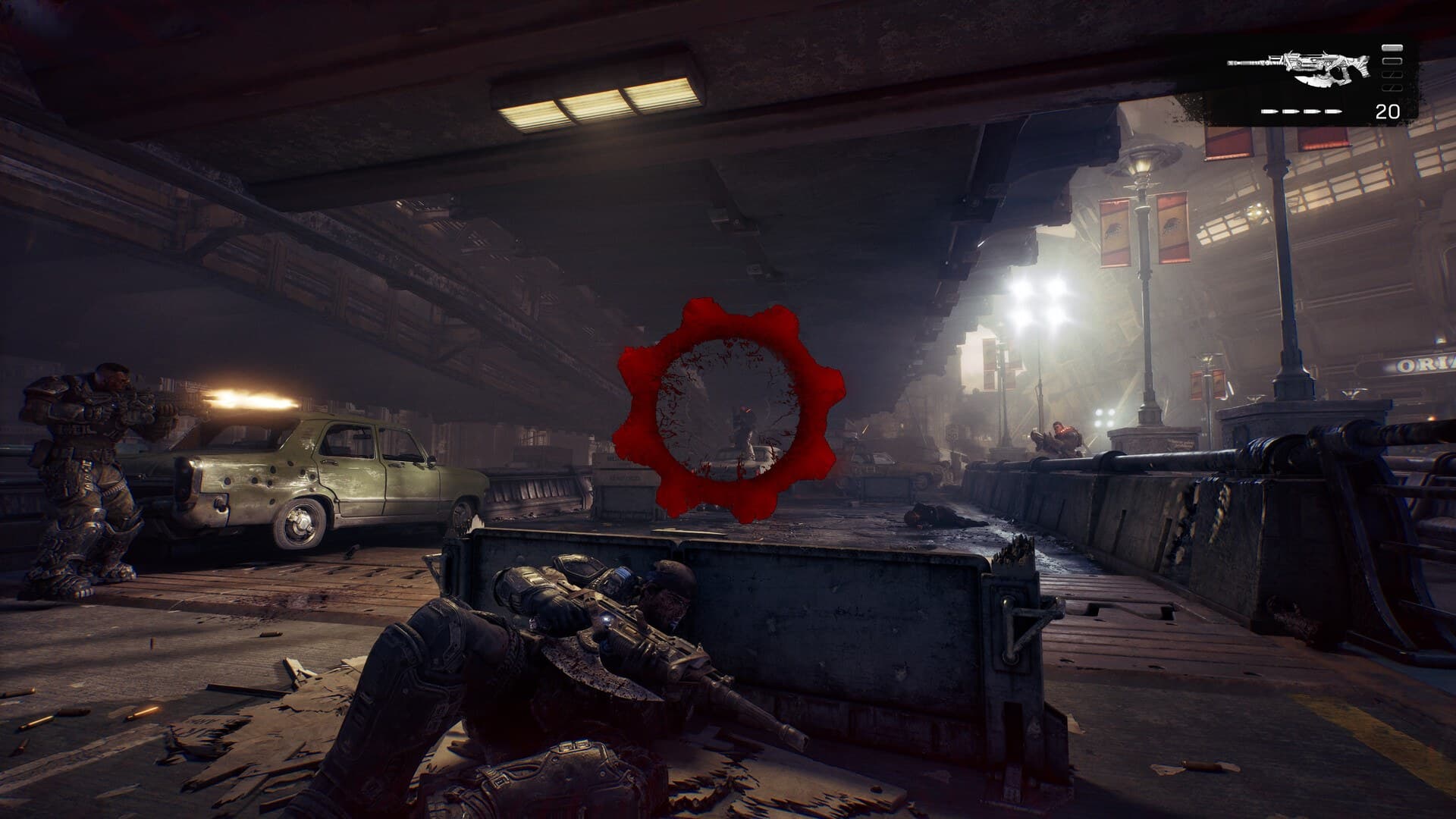 Cena de combate urbano em Gears of War: E-Day, aposta exclusiva do Xbox entre os consoles.