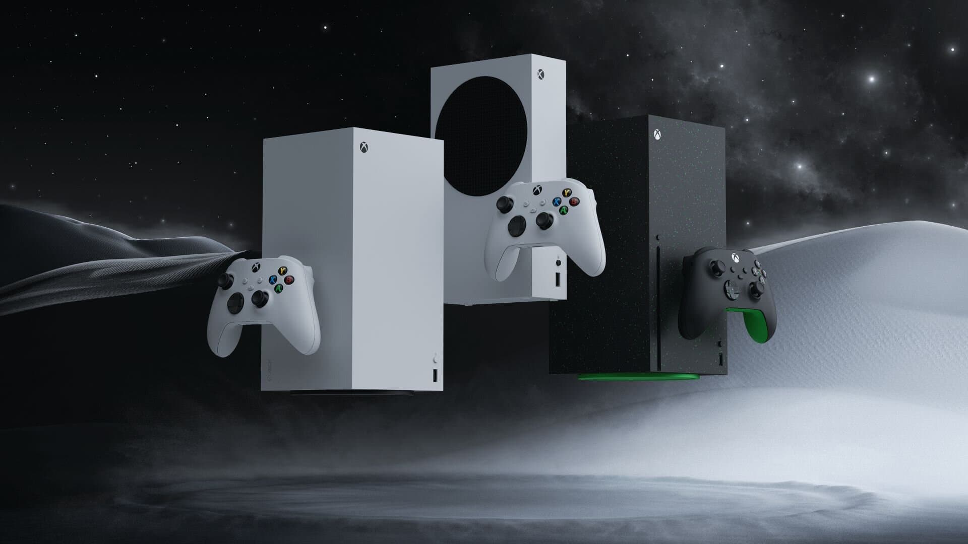 Xbox Series X totalmente digital branco, Xbox Series S branco e Xbox Series X preto com leitor de discos lado a lado