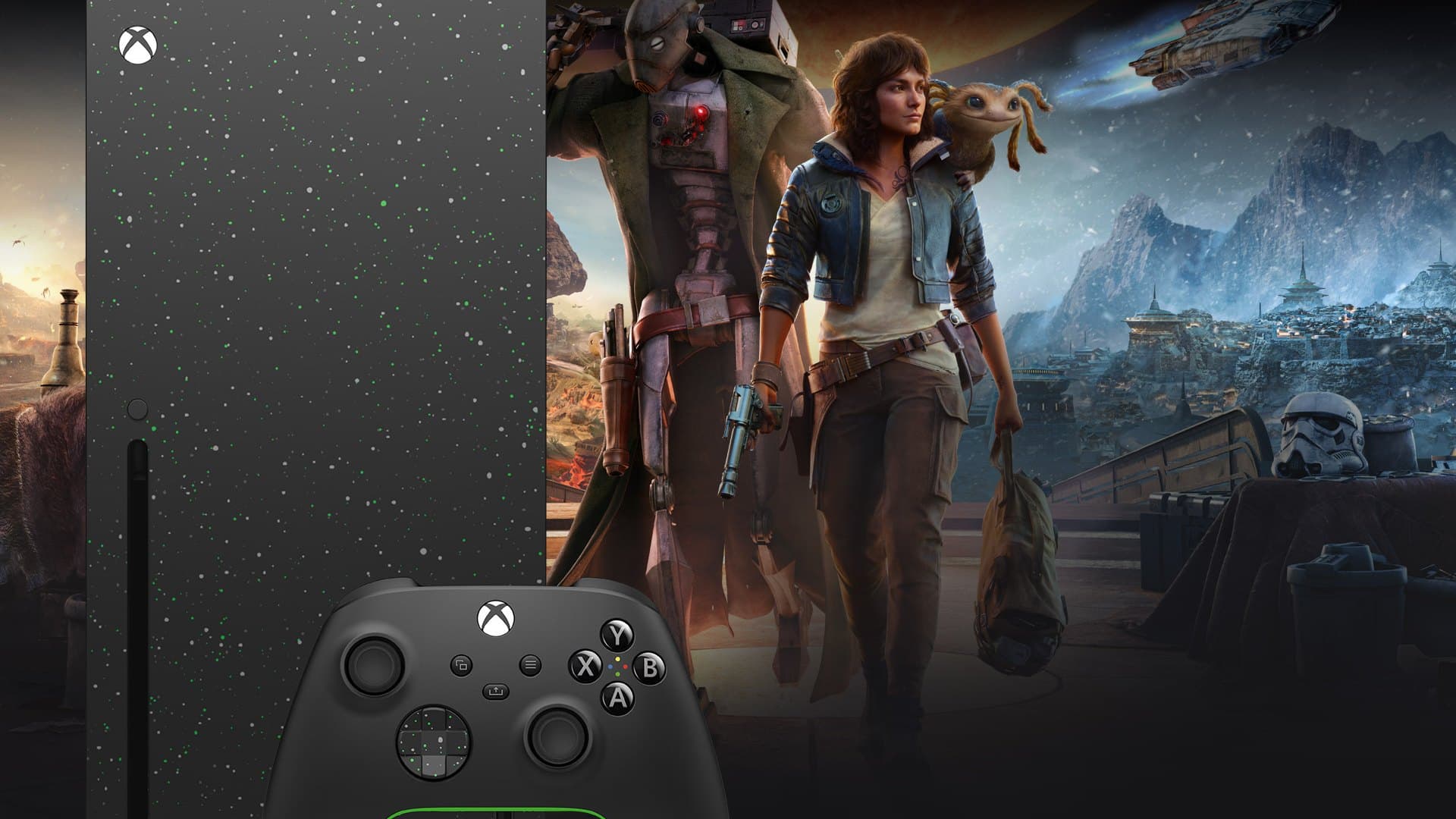 Console Xbox Series X preto com controle sem fio ao lado, em imagem oficial da Microsoft sobre fundo escuro