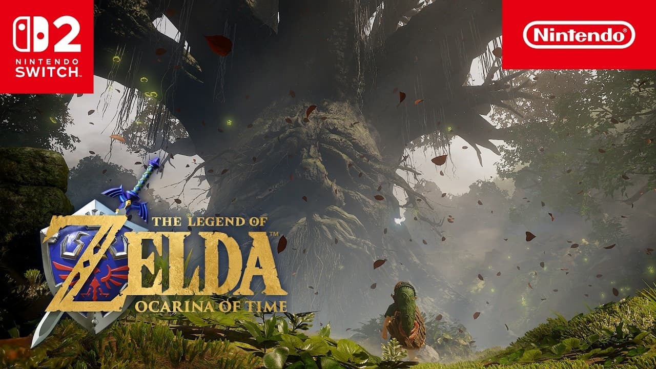 Link criança diante da Grande Árvore Deku na capa do comercial Art thou ready? de The Legend of Zelda: Ocarina of Time para Switch 2