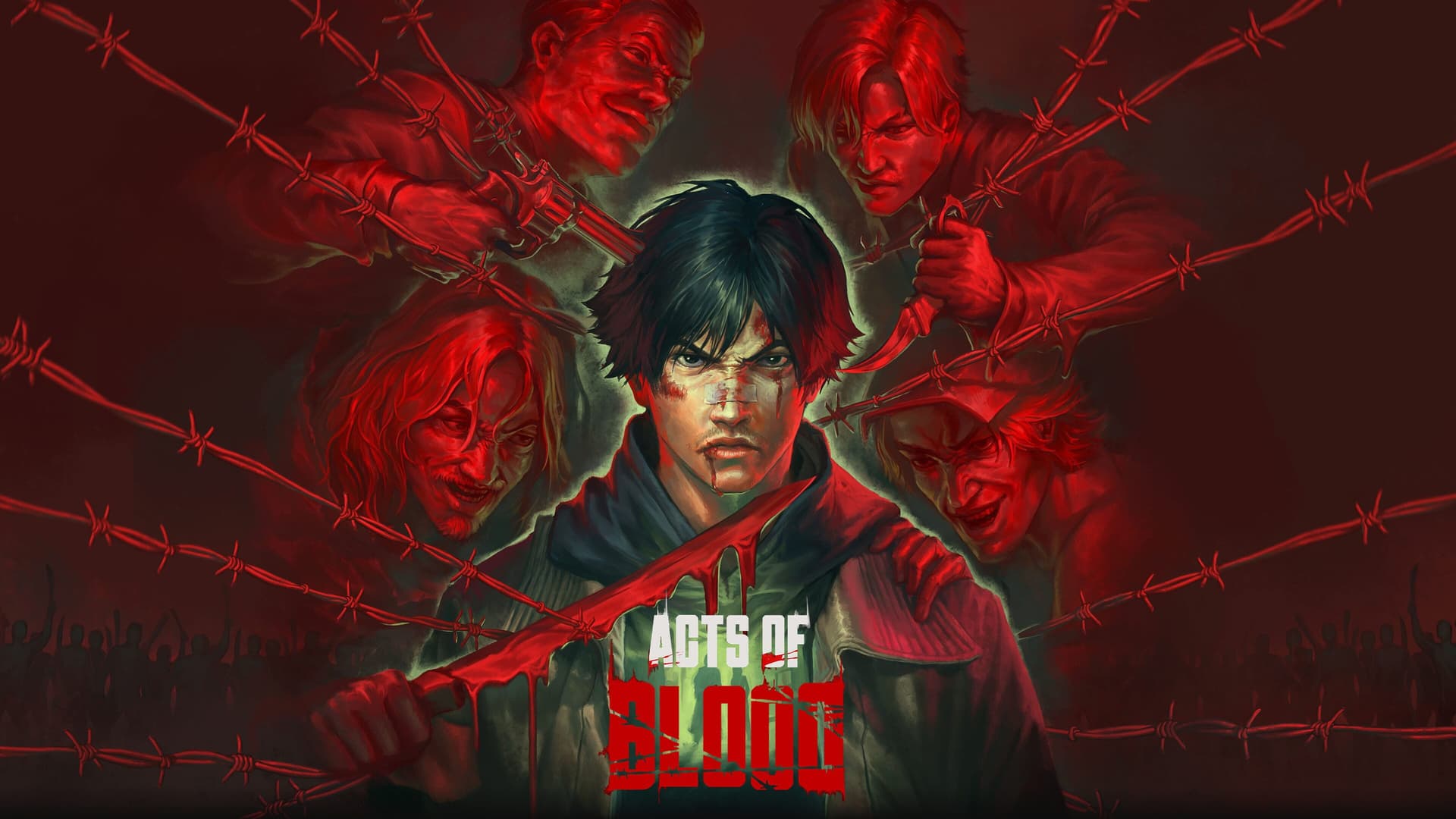 Arte oficial de Acts of Blood, com o protagonista Hendra cercado por arame farpado e rostos em vermelho