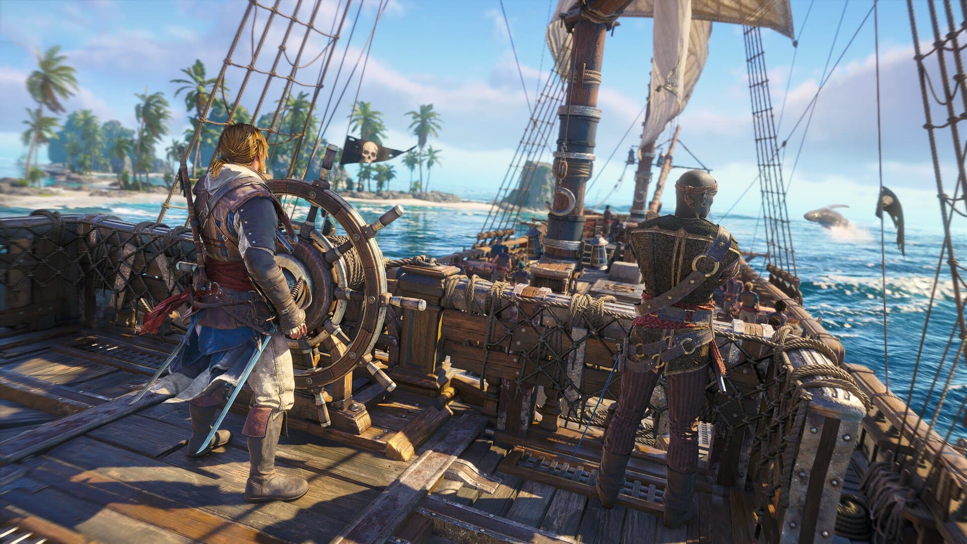 Edward Kenway ao leme de um navio pirata em Assassin's Creed Black Flag Resynced