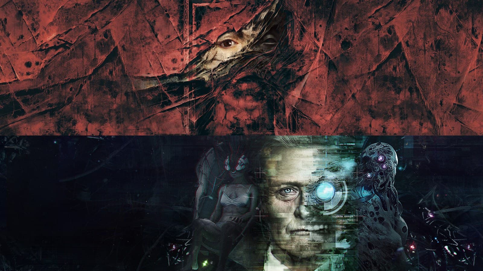 Artes oficiais de Layers of Fear, com um rosto surgindo entre pinceladas vermelhas, e de Observer: System Redux, com o rosto de Daniel Lazarski metade humano, metade máquina