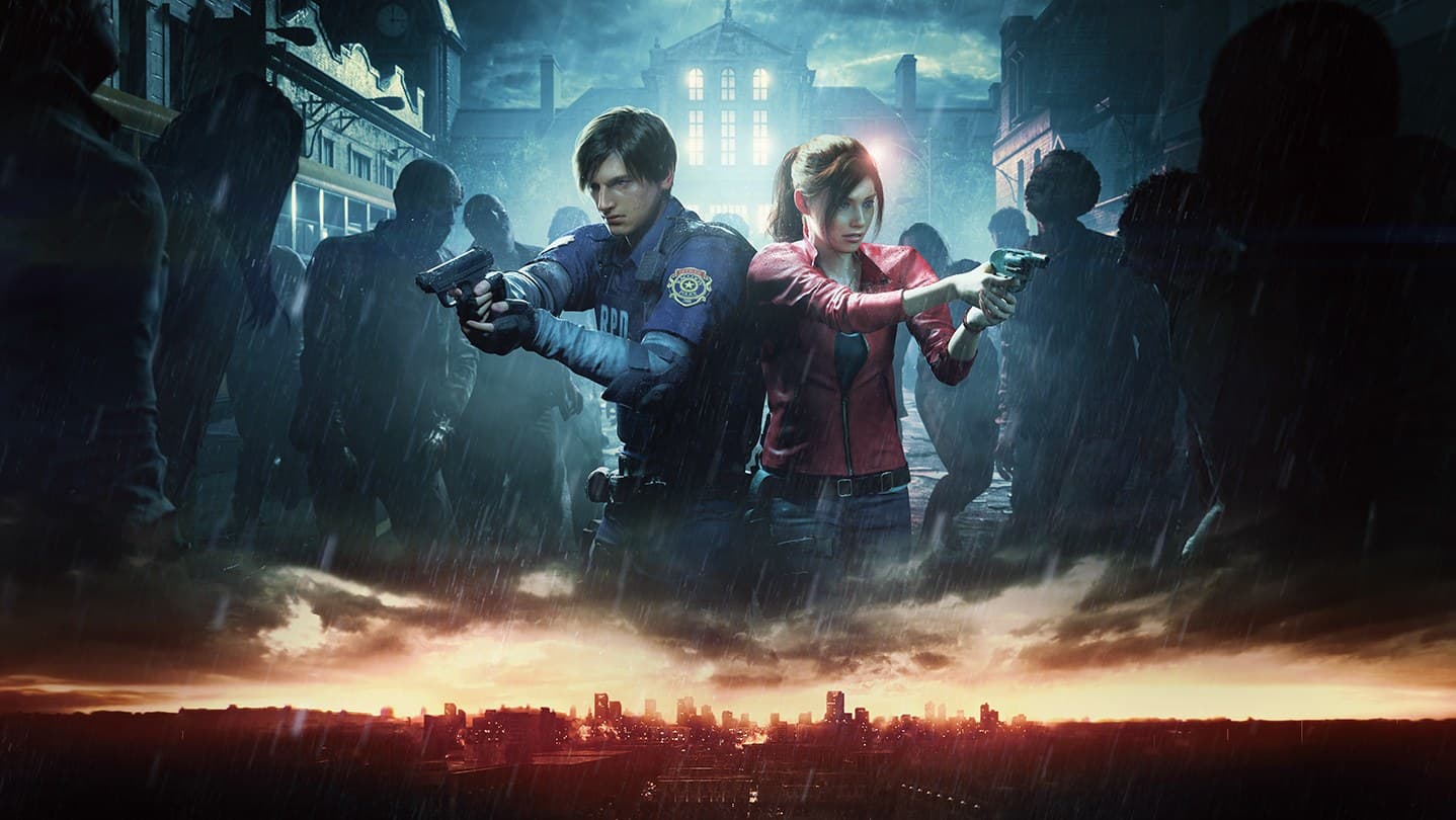 Arte oficial do remake de Resident Evil 2 com Leon e Claire armados diante de zumbis em Raccoon City