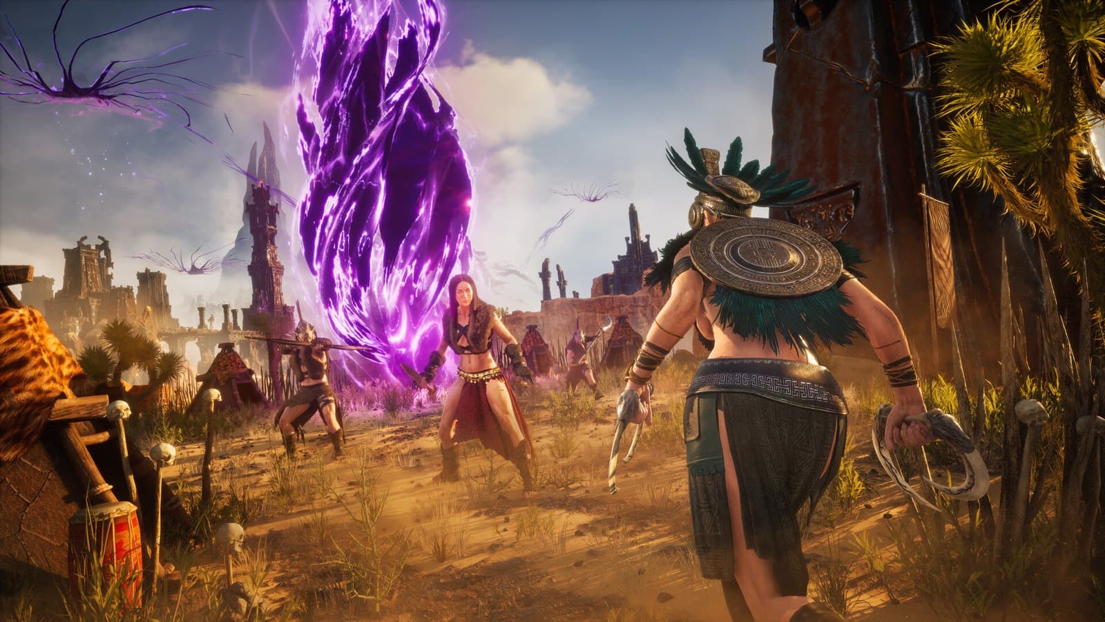 Guerreira caminha diante de um portal roxo em Conan Exiles Enhanced