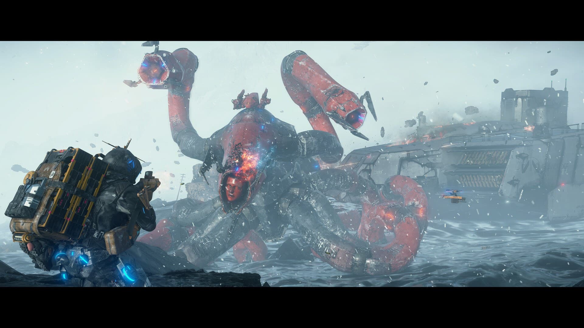 Sam carrega uma entrega diante de uma criatura gigante em Death Stranding 2: On the Beach.