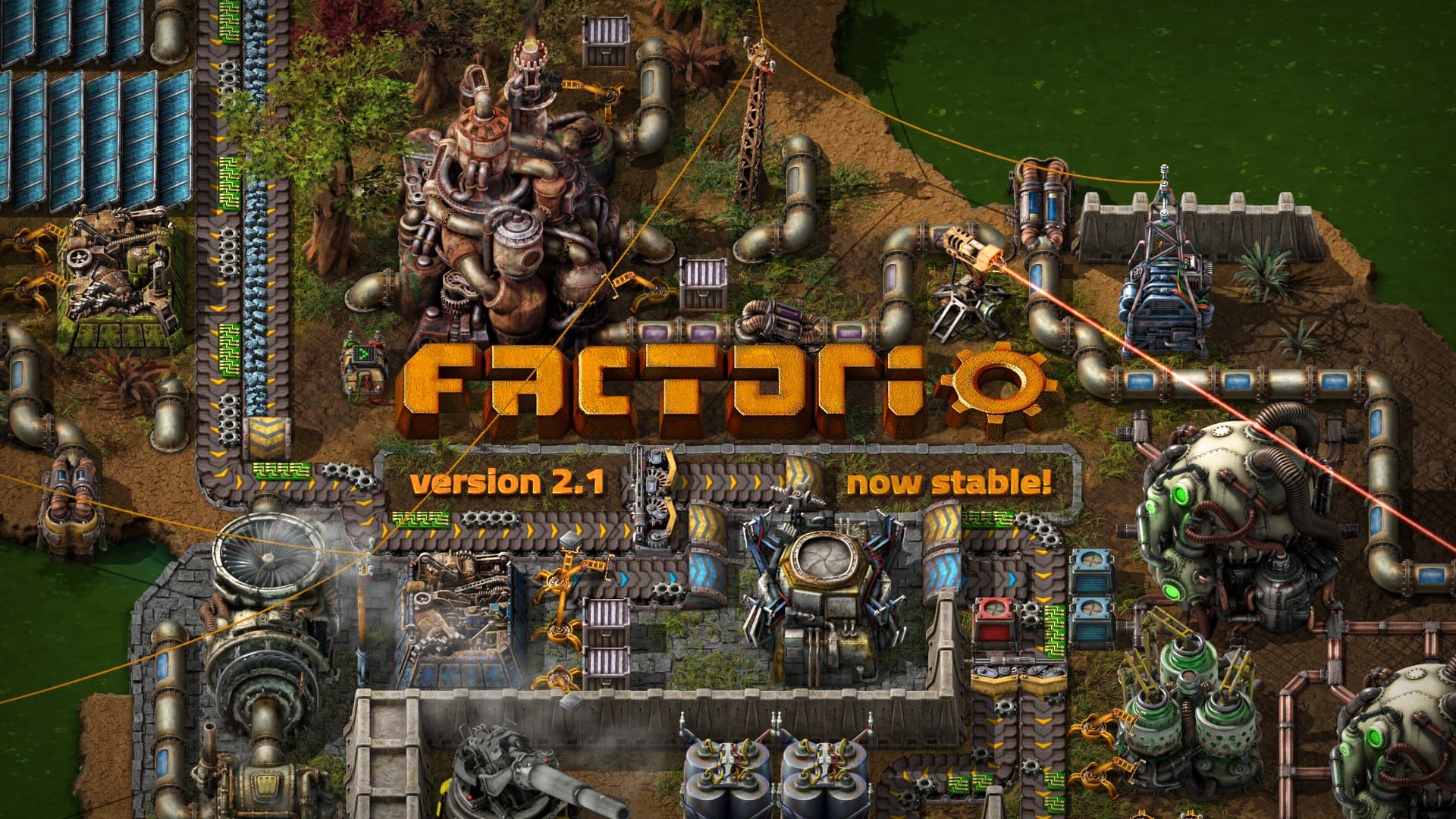Arte oficial de Factorio anunciando a versão 2.1 estável, com fábrica, esteiras e canos