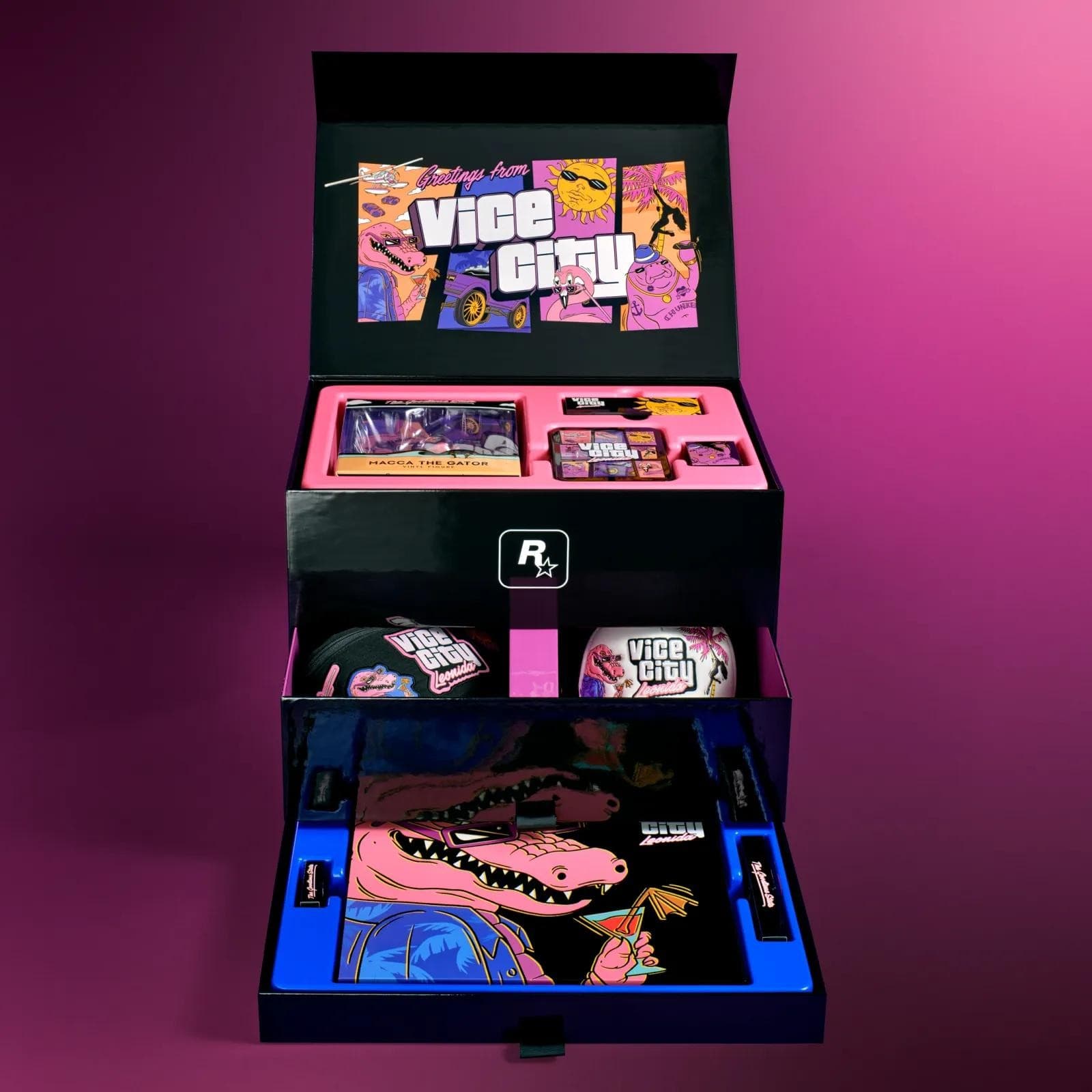 A caixa The Goodtime State, Vice City Collection aberta, com a arte de Macca the Gator no fundo.