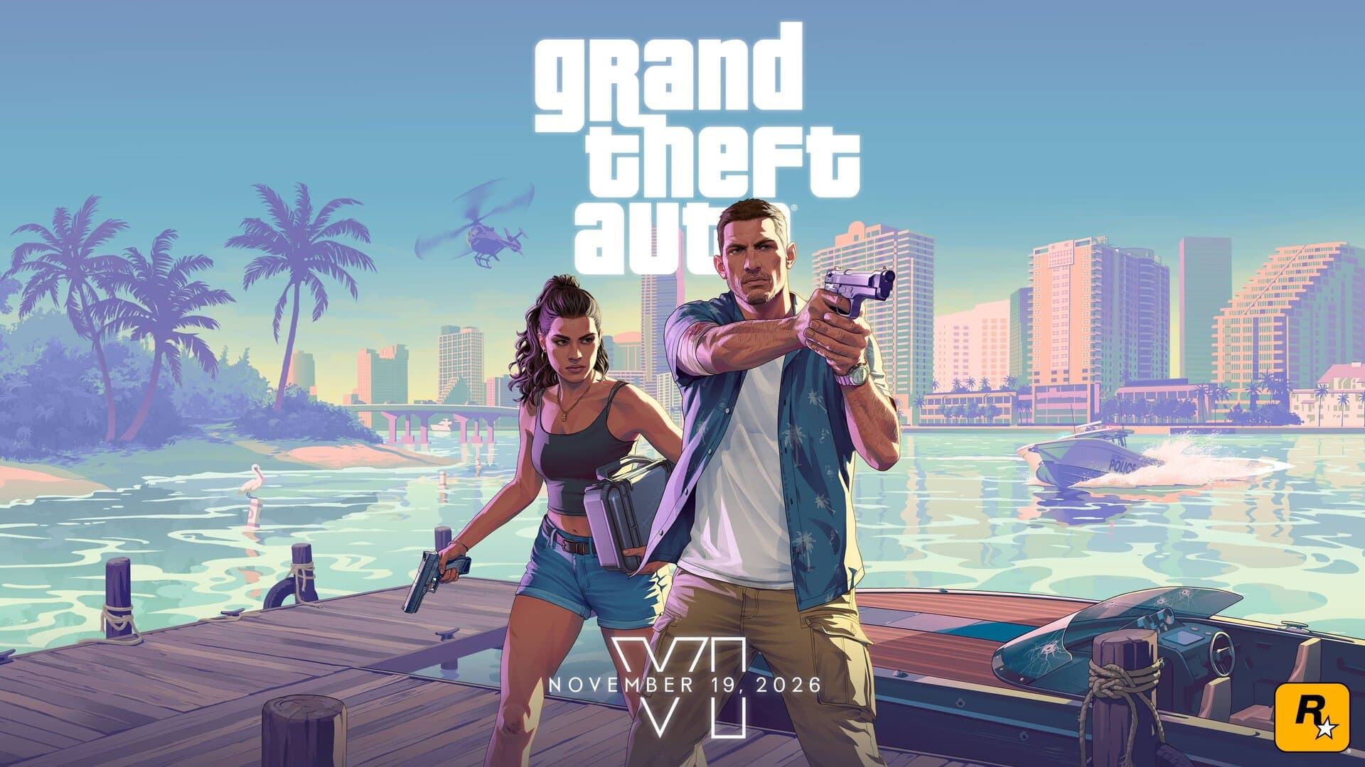 Arte oficial de GTA VI com Jason apontando uma pistola num píer e Lucia armada, com lancha, helicóptero e o horizonte de Vice City ao fundo