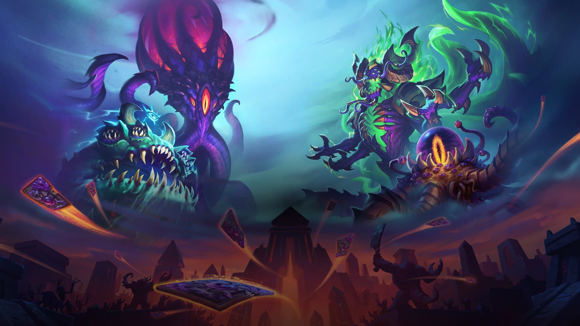 Arte oficial de Hearthstone Reinado dos Deuses Antigos com os quatro Deuses Antigos sobre ruínas e cards voando