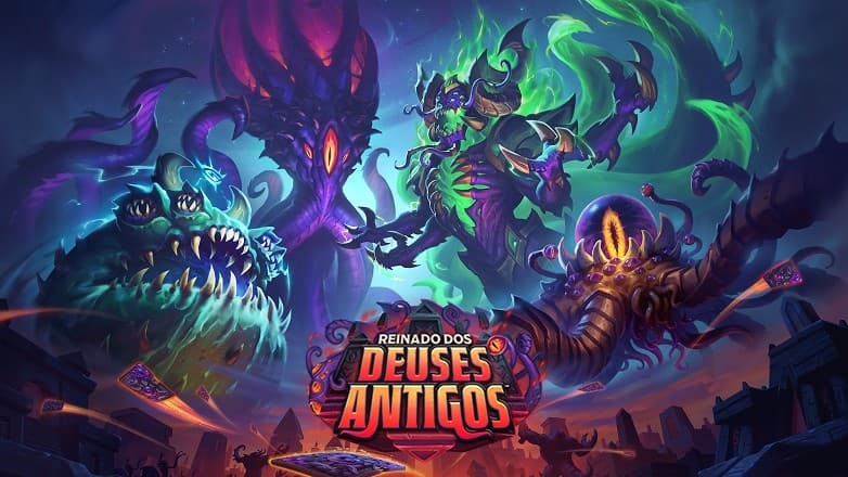 Os quatro Deuses Antigos na arte da expansão, com o logo em português.