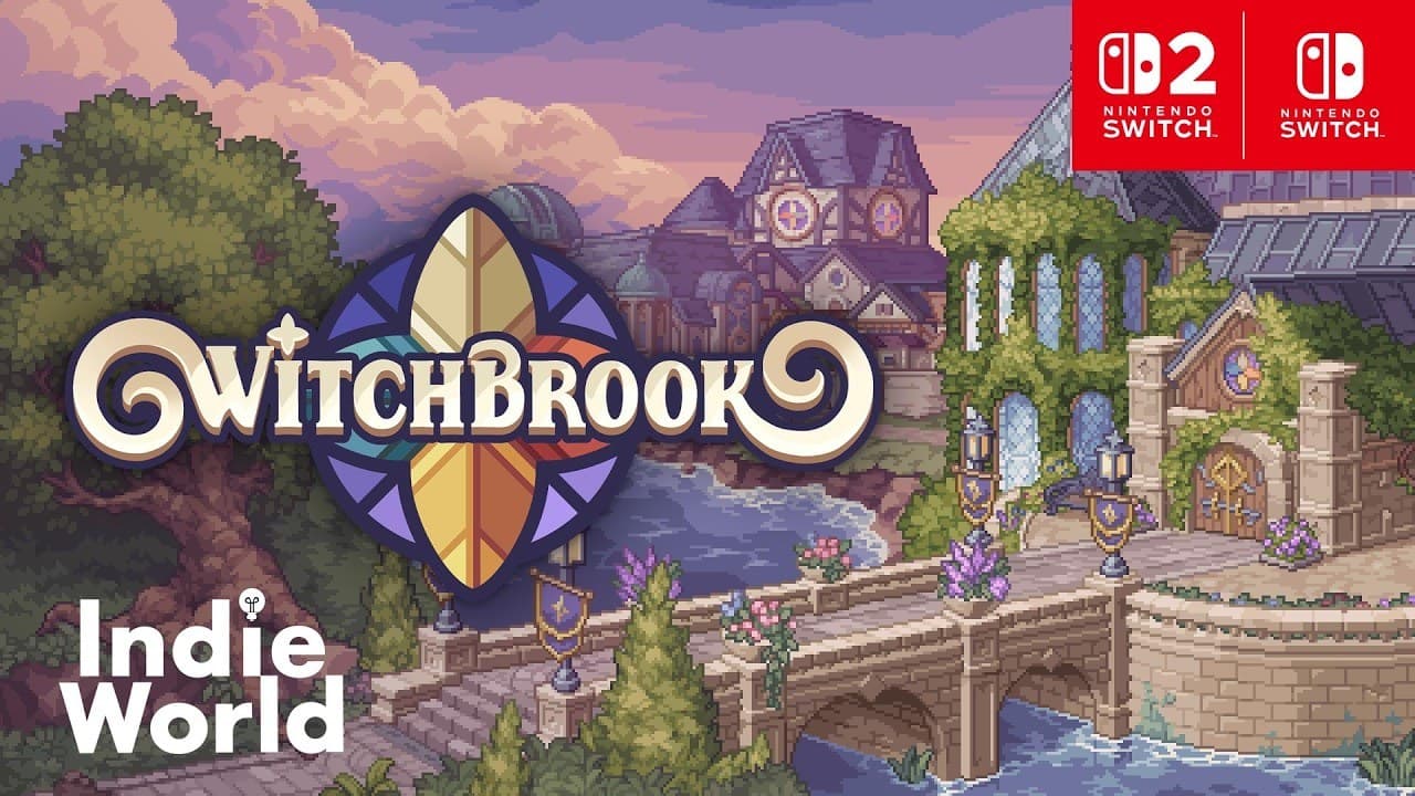Arte oficial de Witchbrook com o logo do jogo, uma cidade à beira-rio e a marca do Indie World