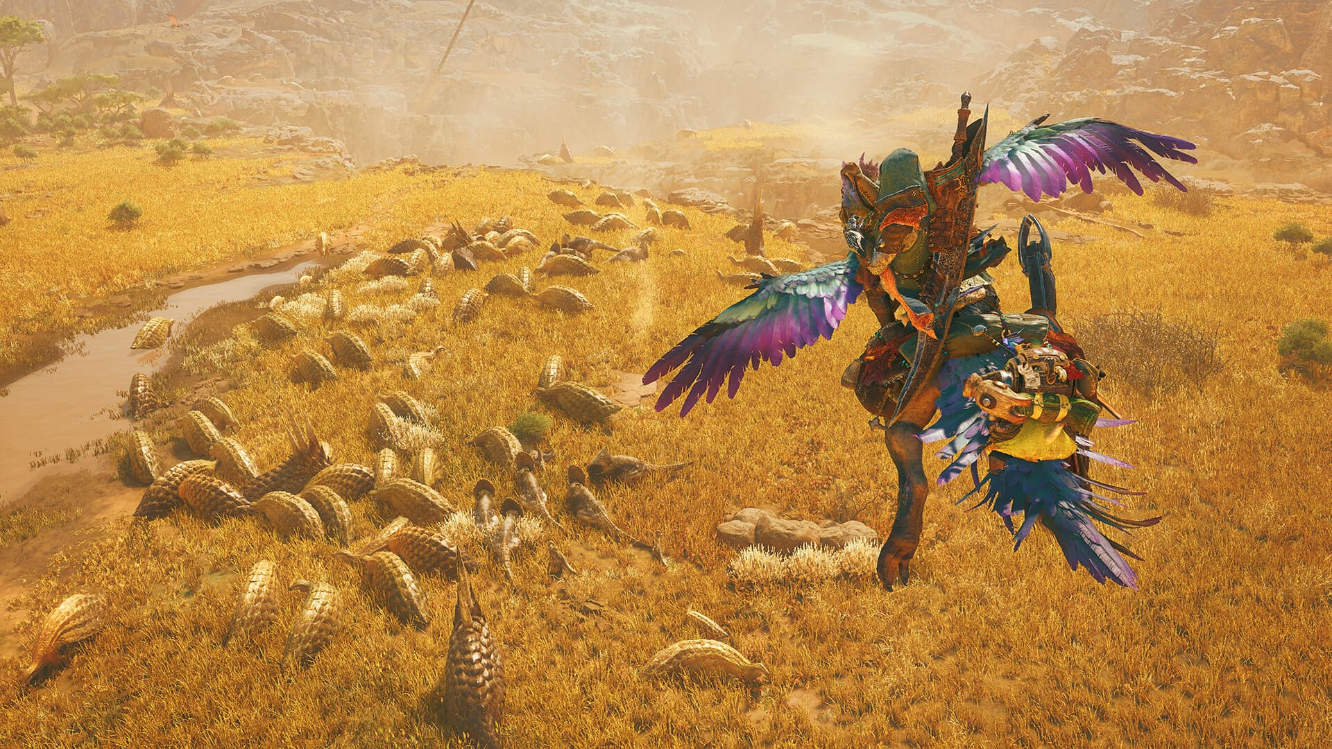 Caçador montado em um Seikret atravessa a planície dourada de Monster Hunter Wilds