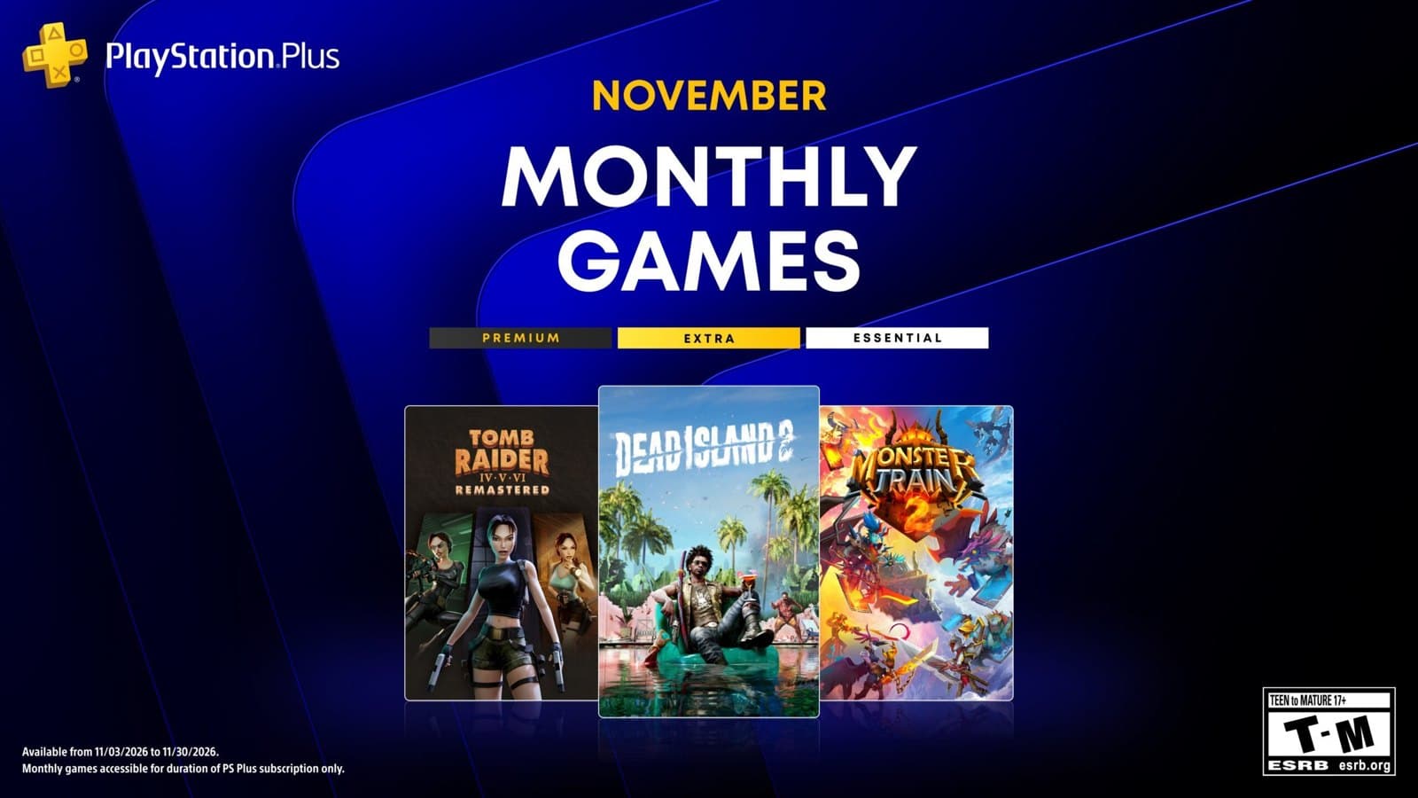 Arte oficial dos jogos mensais do PlayStation Plus de novembro, com as capas de Tomb Raider IV-VI Remastered, Dead Island 2 e Monster Train 2