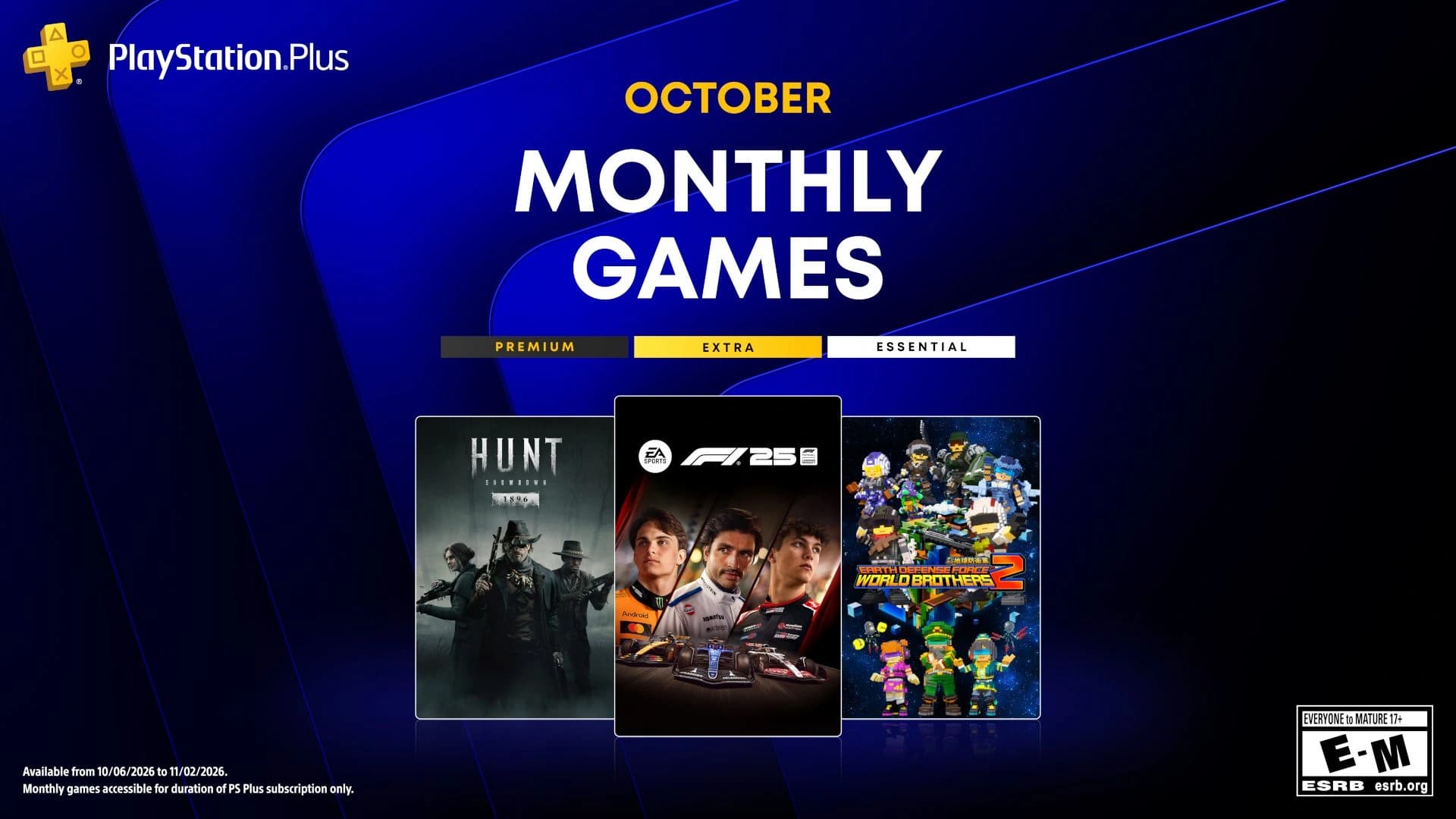 Arte oficial do PS Plus de outubro de 2026 com F1 25, Hunt: Showdown 1896 e Earth Defense Force: World Brothers 2