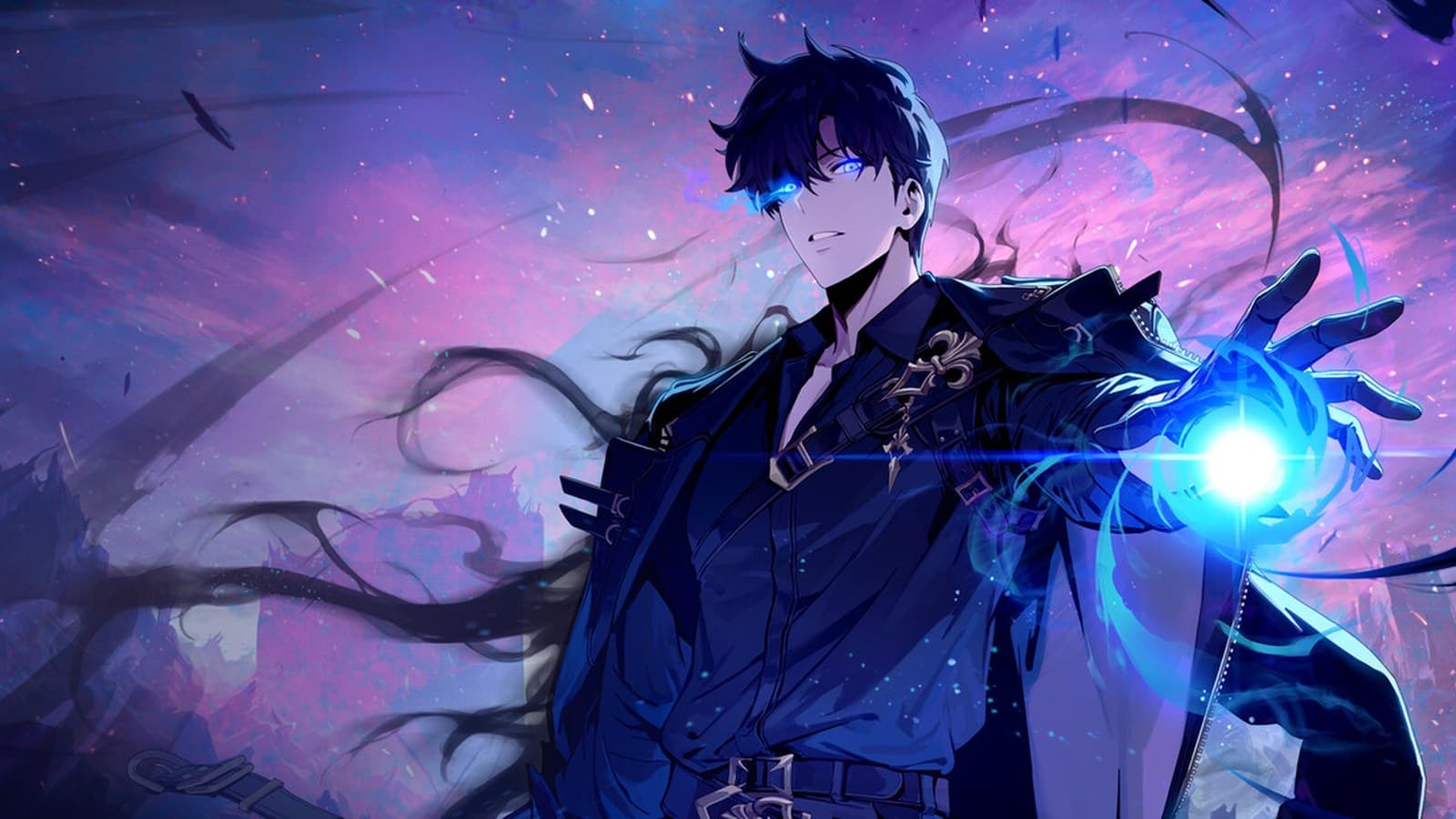 Arte oficial de Solo Leveling: Arise Overdrive com Sung Jinwoo de olhos azuis brilhantes e sombras ao redor, com a mão estendida emitindo luz azul
