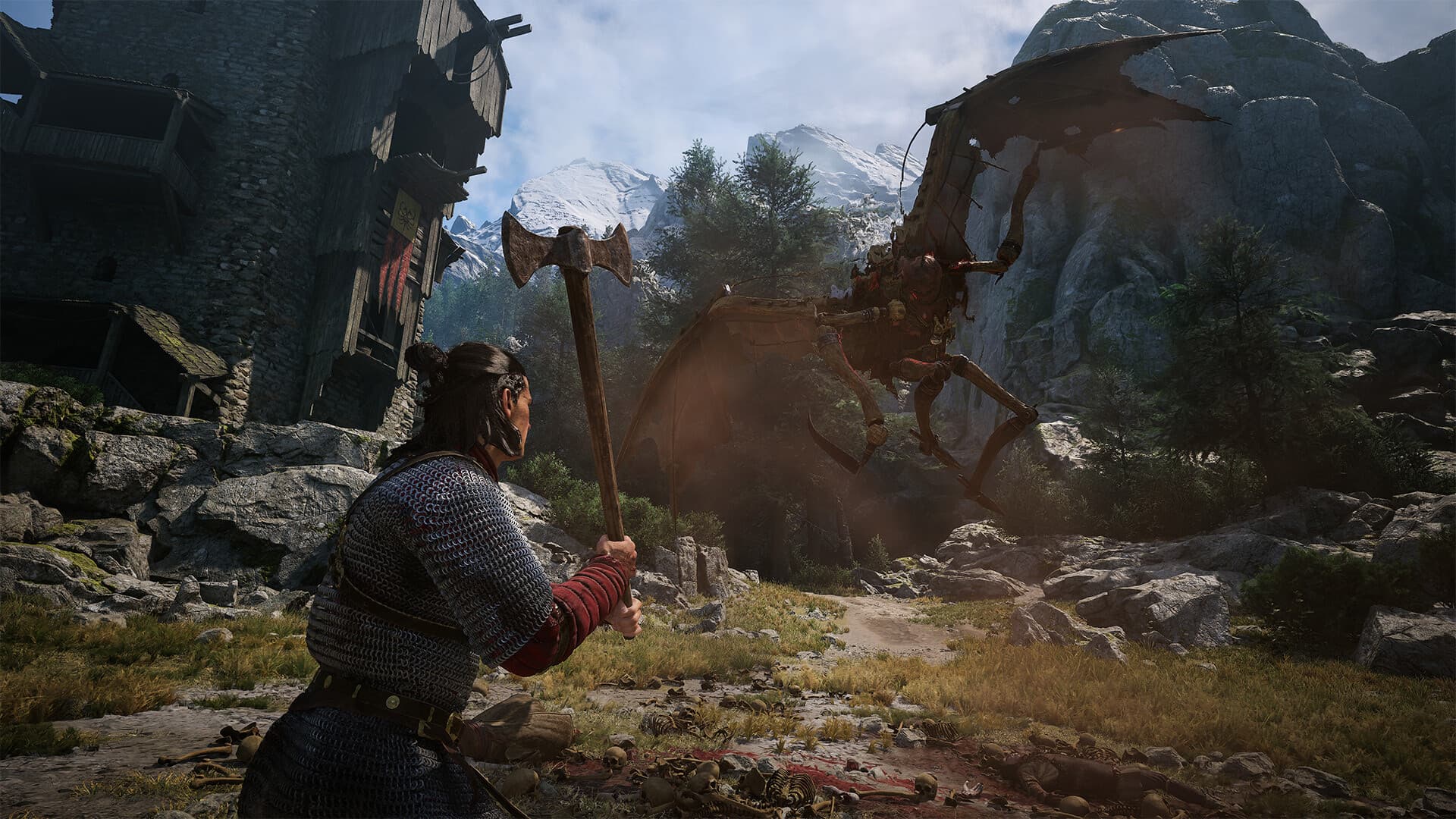 Coen enfrenta uma criatura com um machado numa vila de montanha em The Blood of Dawnwalker
