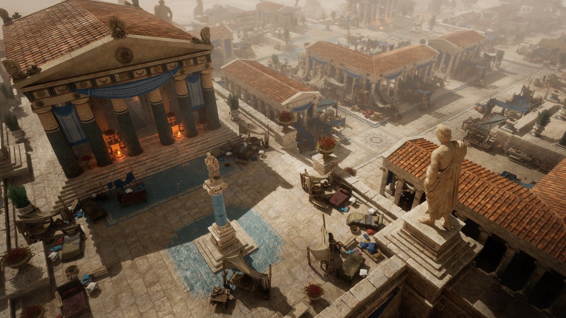 Uma cidade grega com templos e praça central em Titan Quest II.