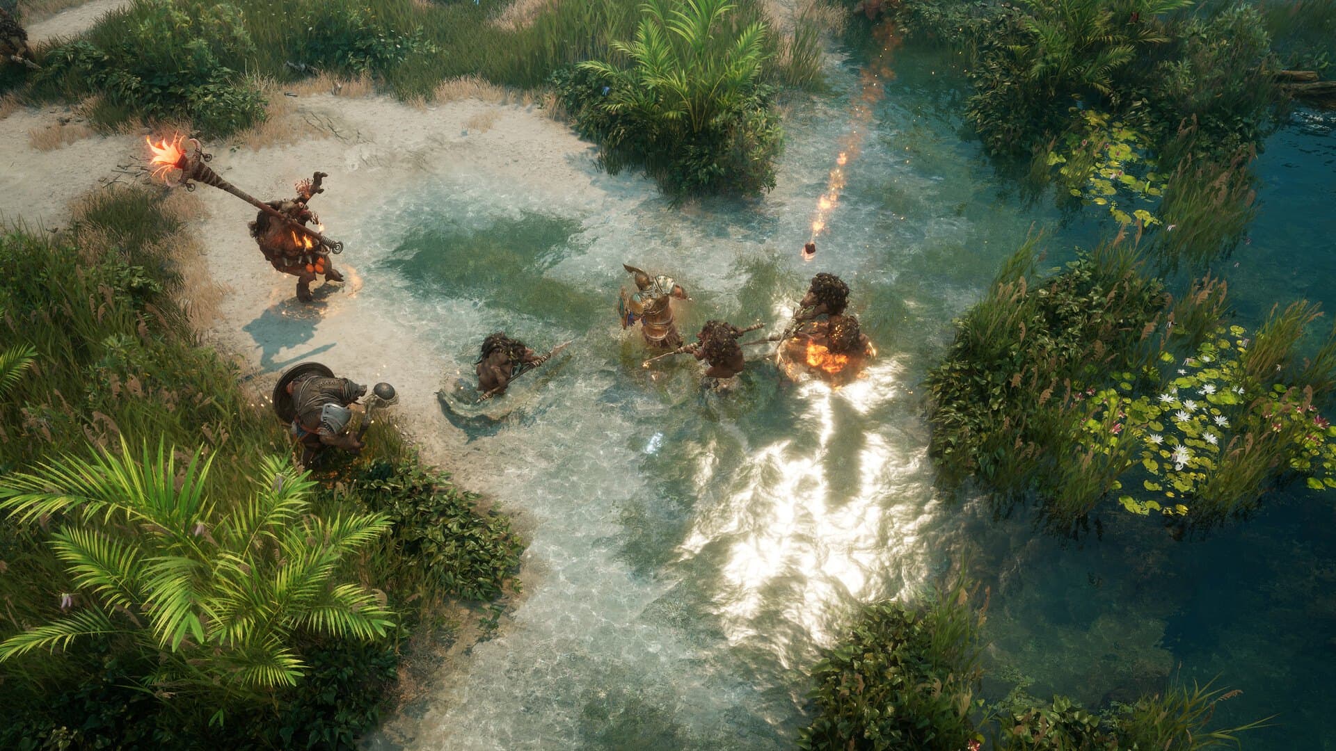 Combate contra criaturas num rio raso em Titan Quest II.