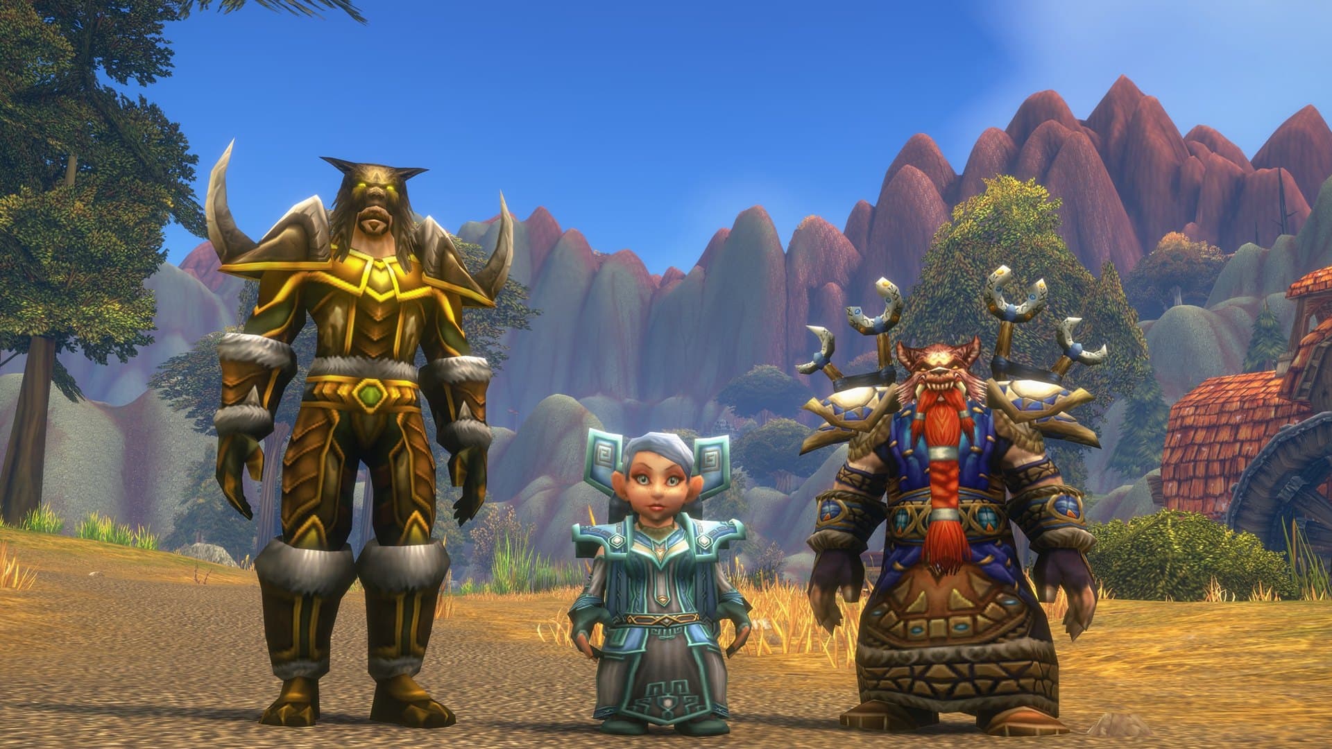 Três personagens de World of Warcraft: Forever lado a lado numa estrada de Azeroth
