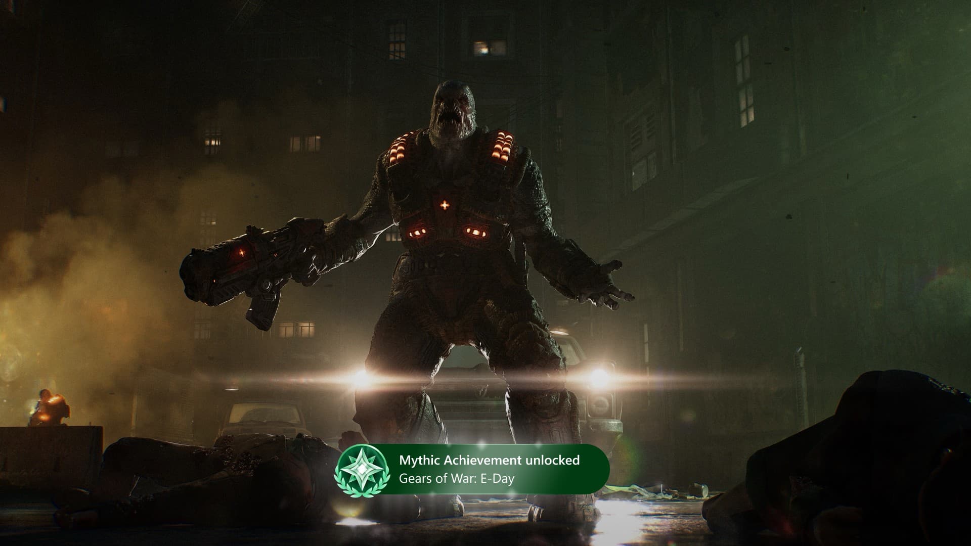Notificação de Mythic Achievement desbloqueado em Gears of War: E-Day na interface do Xbox, com um inimigo Locust ao fundo