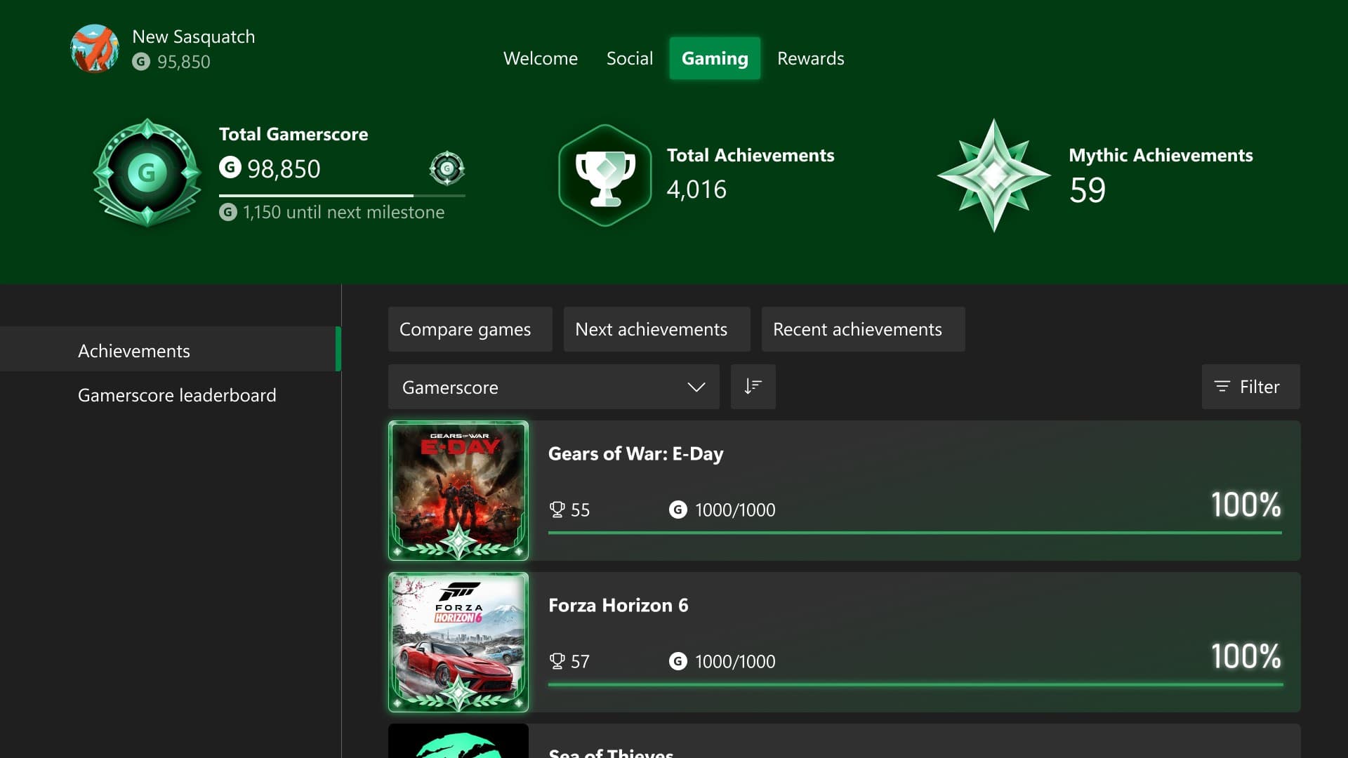 Aba de jogos do perfil no Xbox, com a contagem de Mythic Achievements ao lado do Gamerscore e do total de conquistas.
